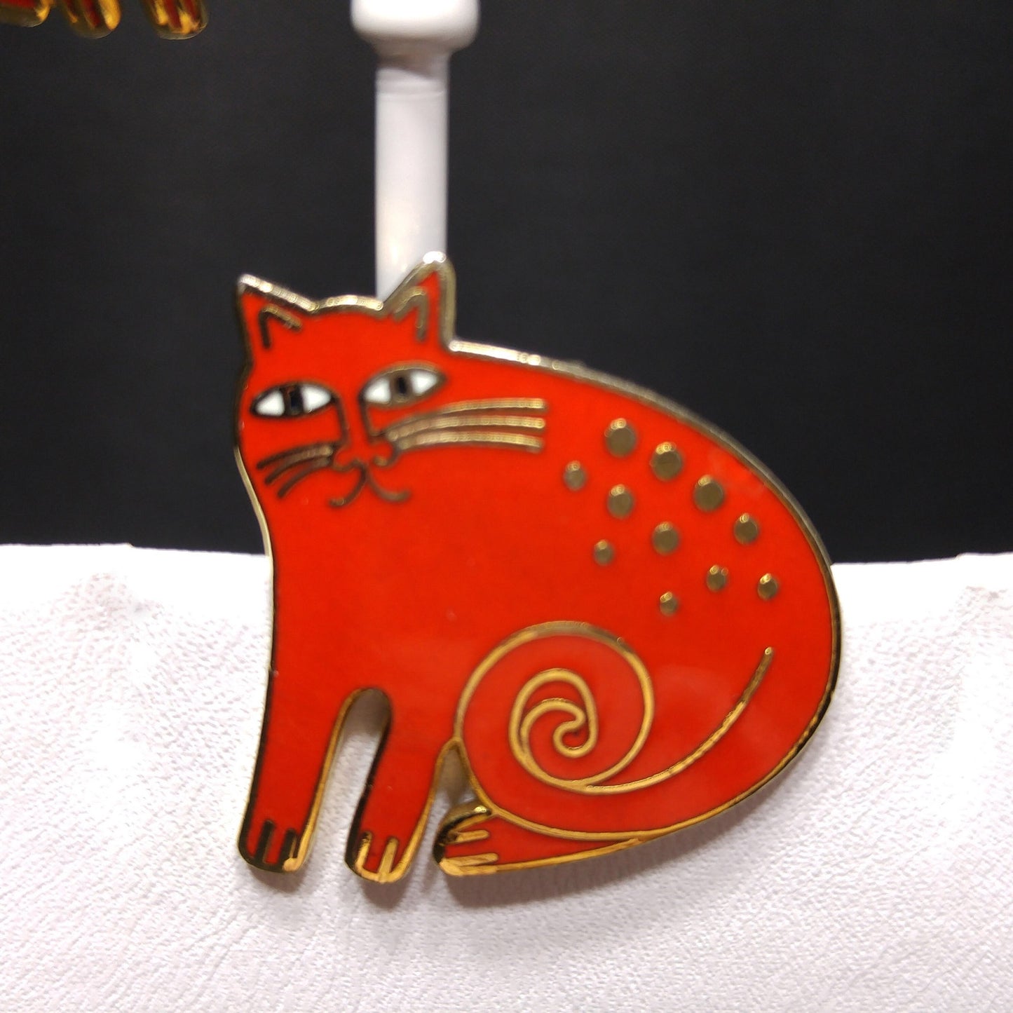 Laurel Burch "Keshire Cat" Red Enamel Brooch & Post Earrings, Gold Plated Cloisonne