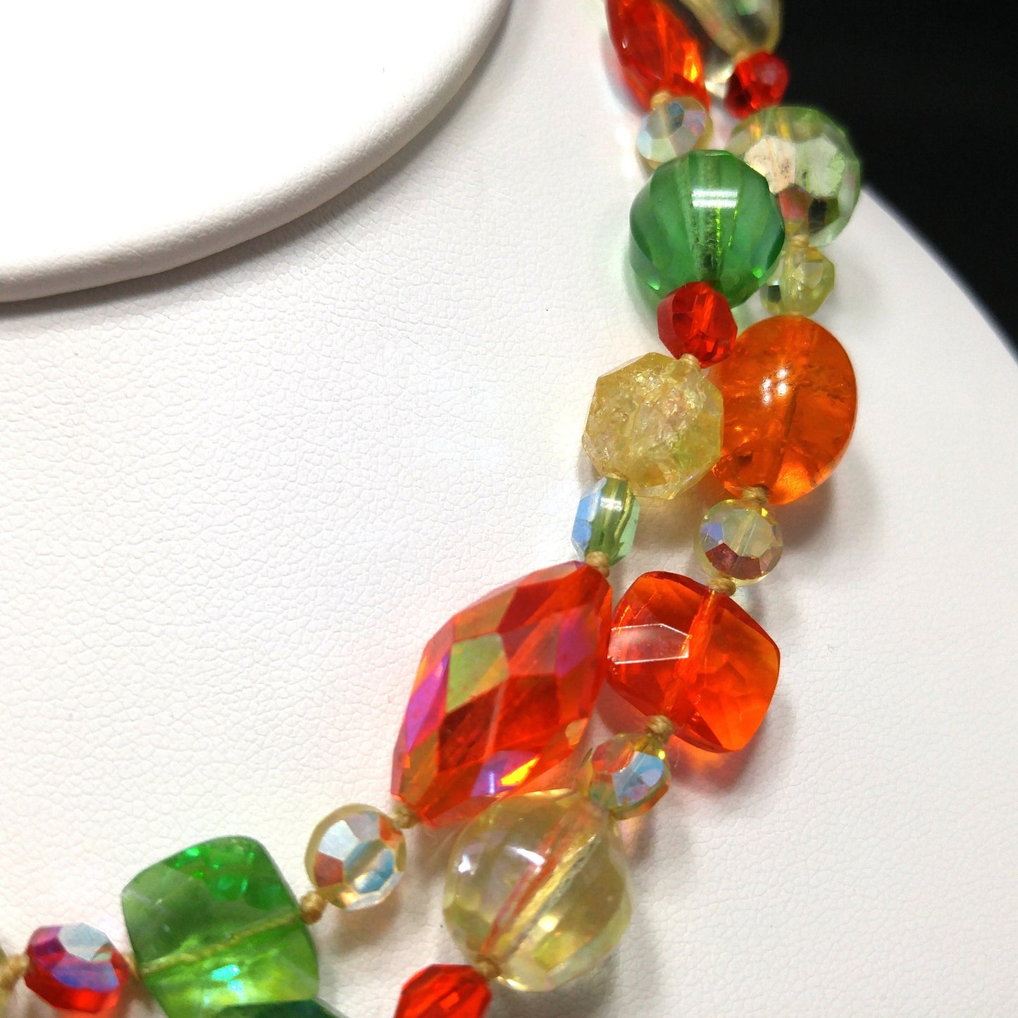 Crystal & Molded Glass Beaded Necklace, Orange Green Yellow, 1950s Vintage Jewelry