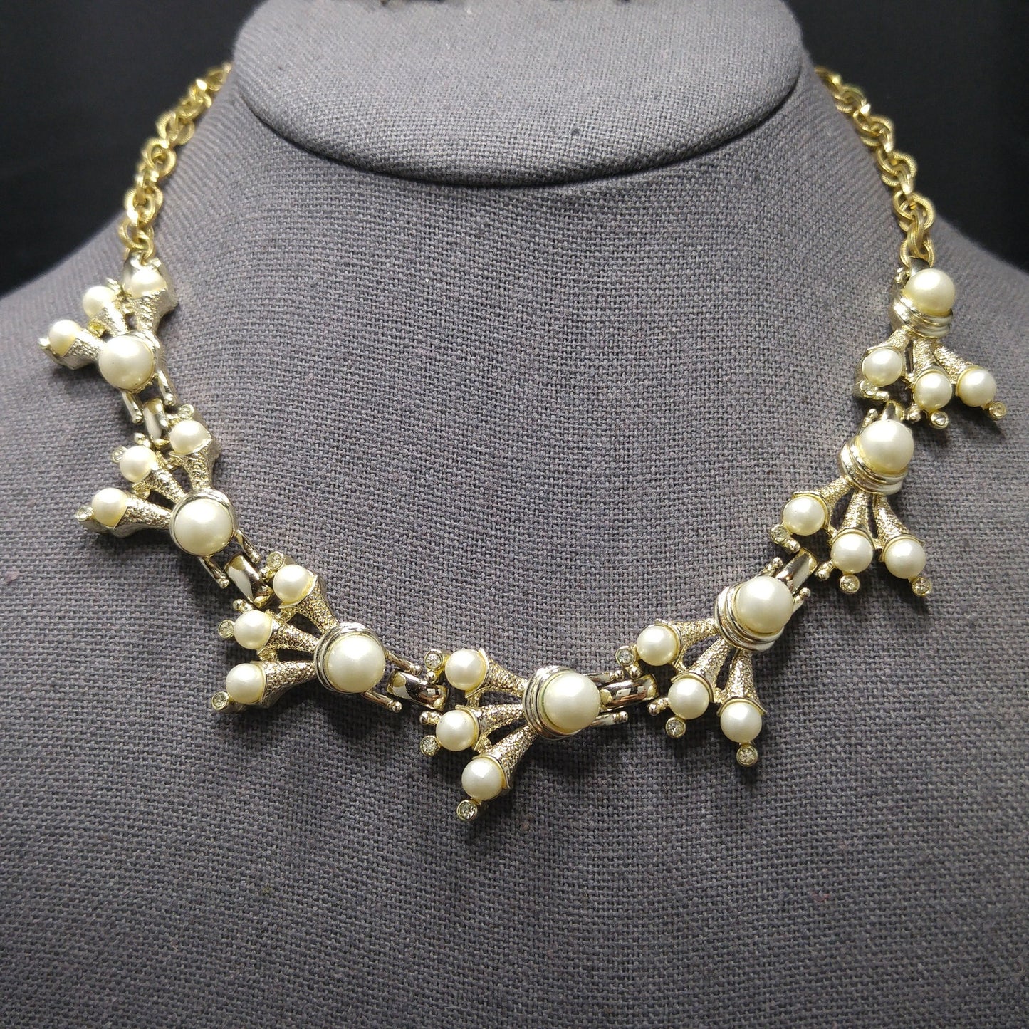 Kramer Faux Pearl Necklace Clip Earrings Set, 1960s Vintage Jewelry