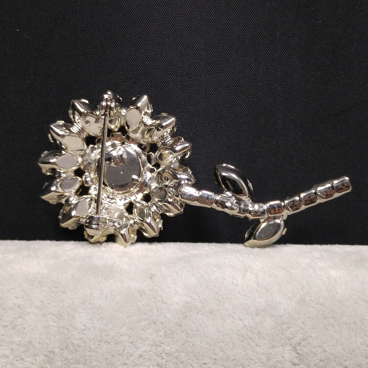 Clear Rhinestone Flower Brooch, Rhodium Plated, 1960s Vintage Jewelry