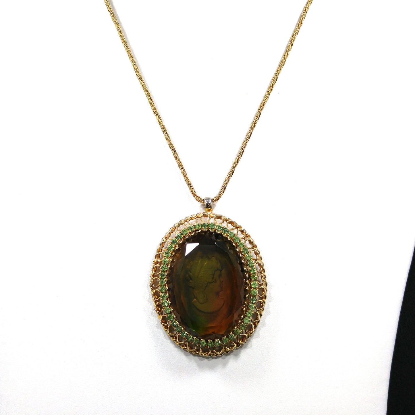 Warner Cameo Intaglio Pendant Necklace, Peridot Rhinestones, 5 Uranium Glass, 1960s Vintage Jewelry