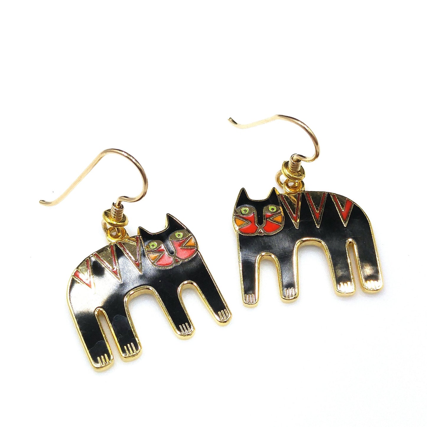 Vintage Laurel Burch "Tiger" Drop Earrings, Gold Plated, Black Red Enamel, 2005