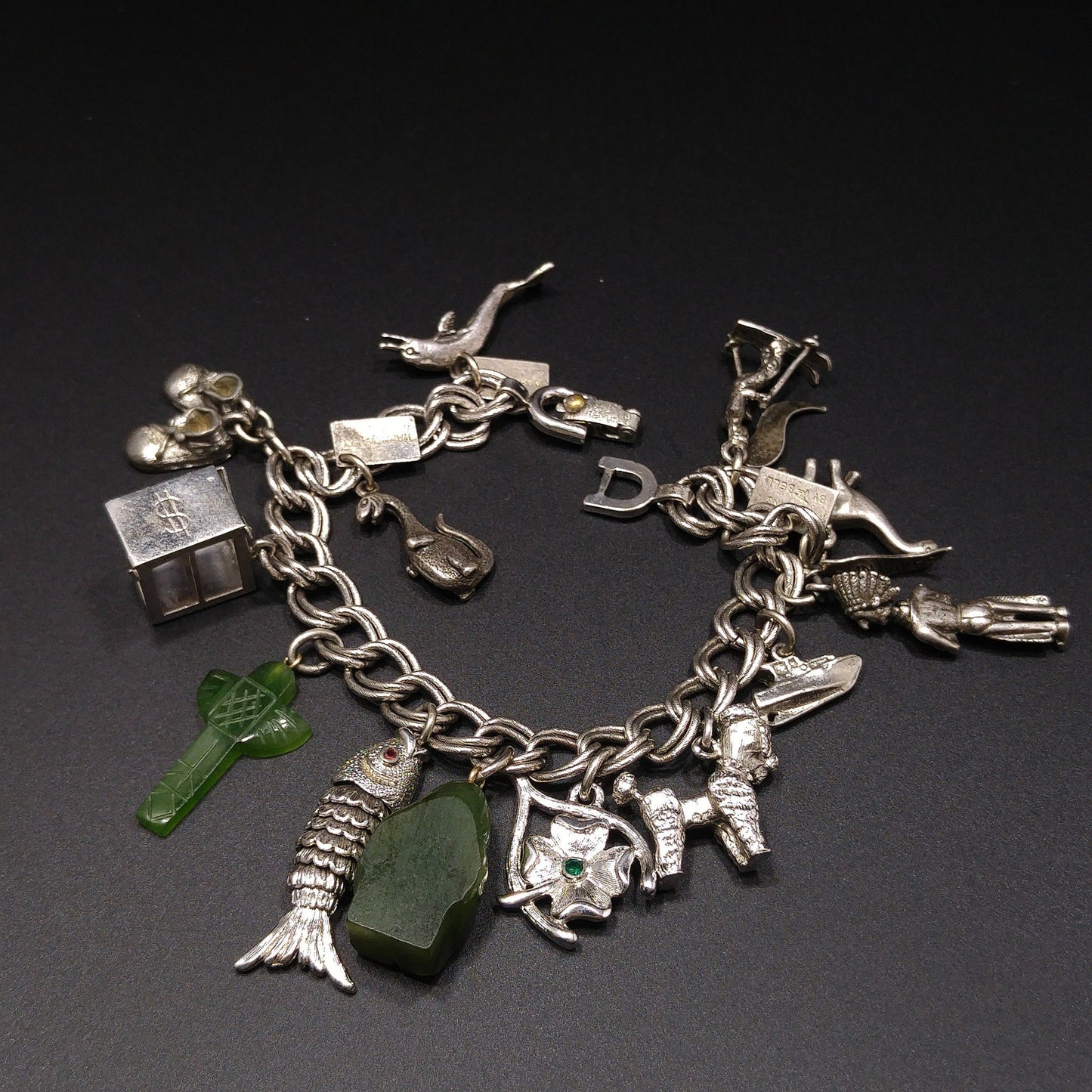 Monet Charm Bracelet, Sterling Gemstone Charms, 1960s Vintage Jewelry