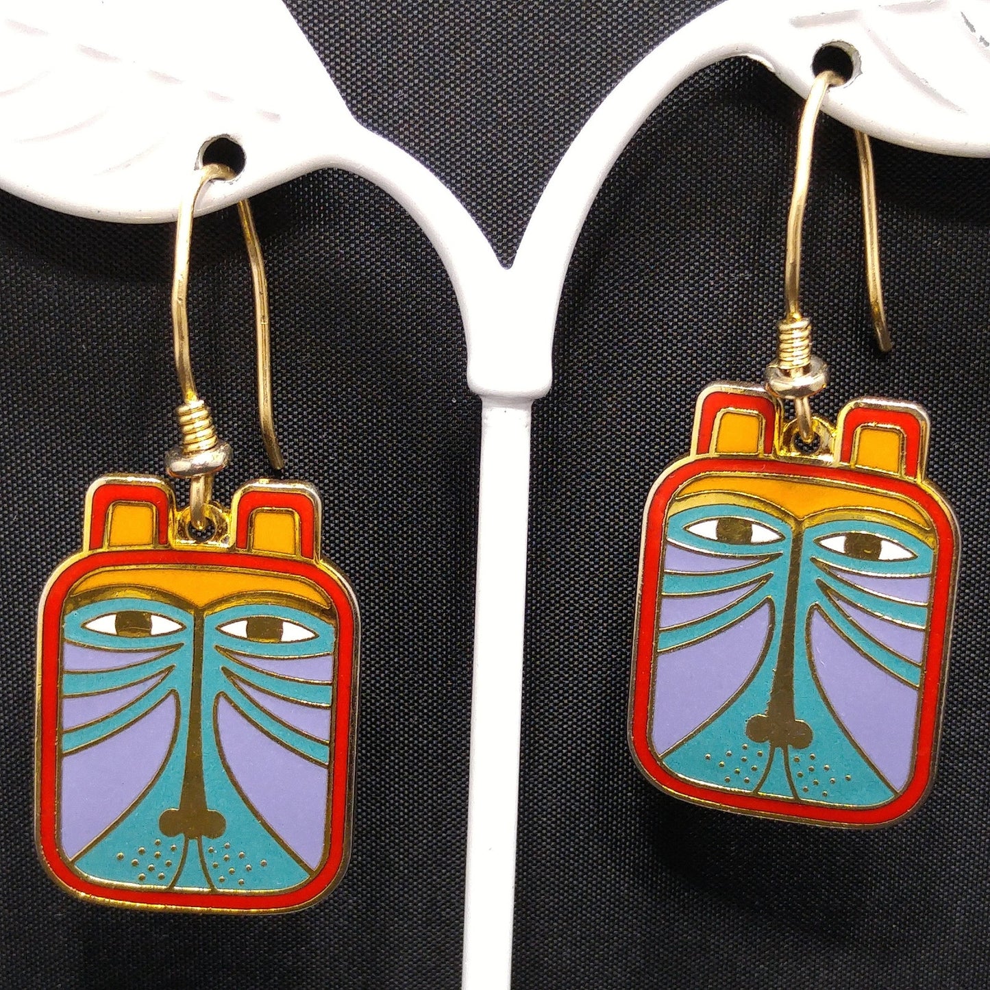 Laurel Burch "Toshio" Drop Earrings, Gold Plated & Enamel Cloisonné, 1980s Vintage Jewelry