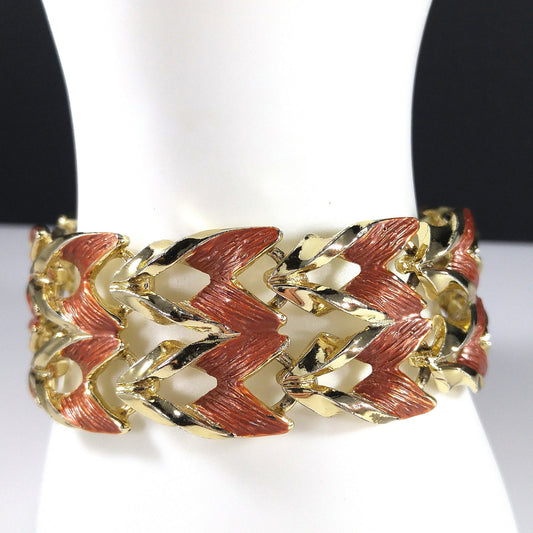 Rust Enamel Gold Plated Wide Link Bracelet, Mid Century Modern, 1950s Vintage Jewelry