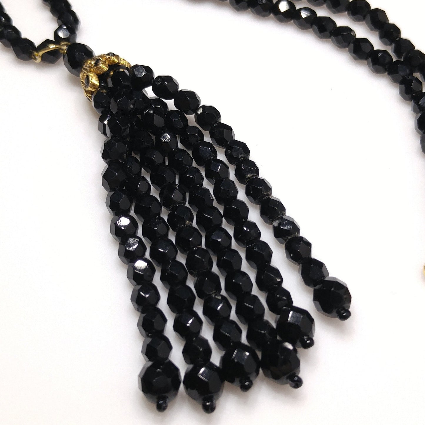 Robert Rose Black Crystal Beaded Tassel Necklace, 50 Inch, 1990s Vintage