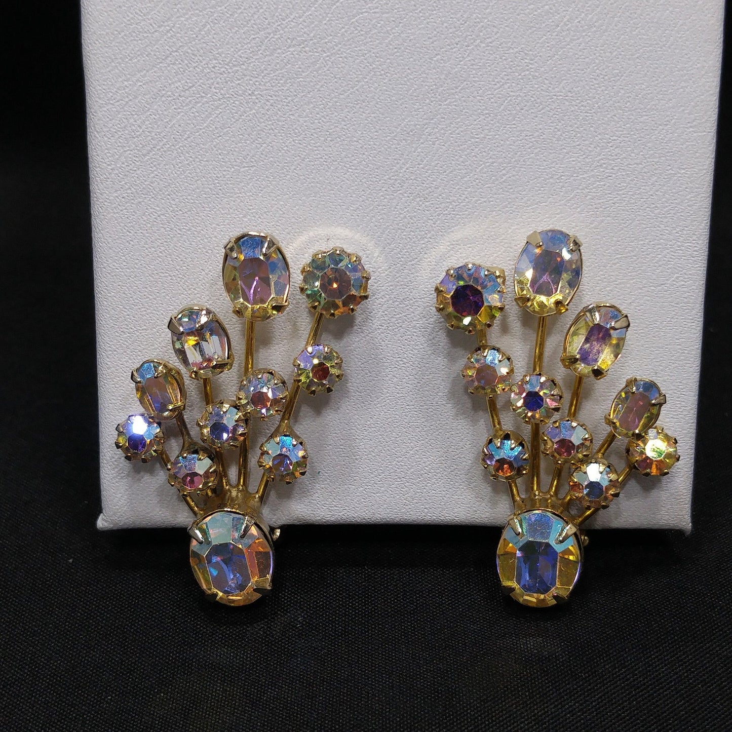 Weiss Aurora Borealis Ear Climber Earrings, Gold Plated, 1950s Vintage Jewelry