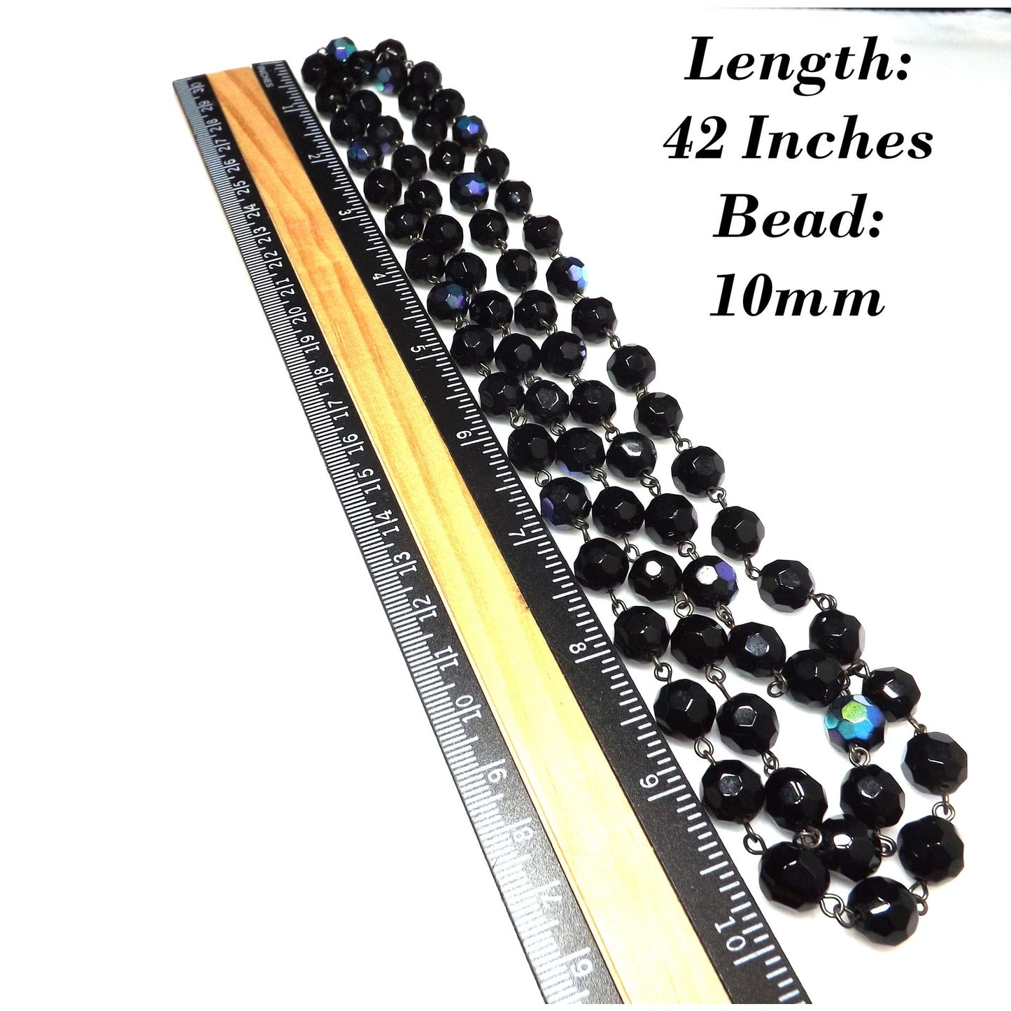 Long Black Crystal Beaded Necklace, Aurora Borealis, No Clasp, 1970s Vintage Jewelry