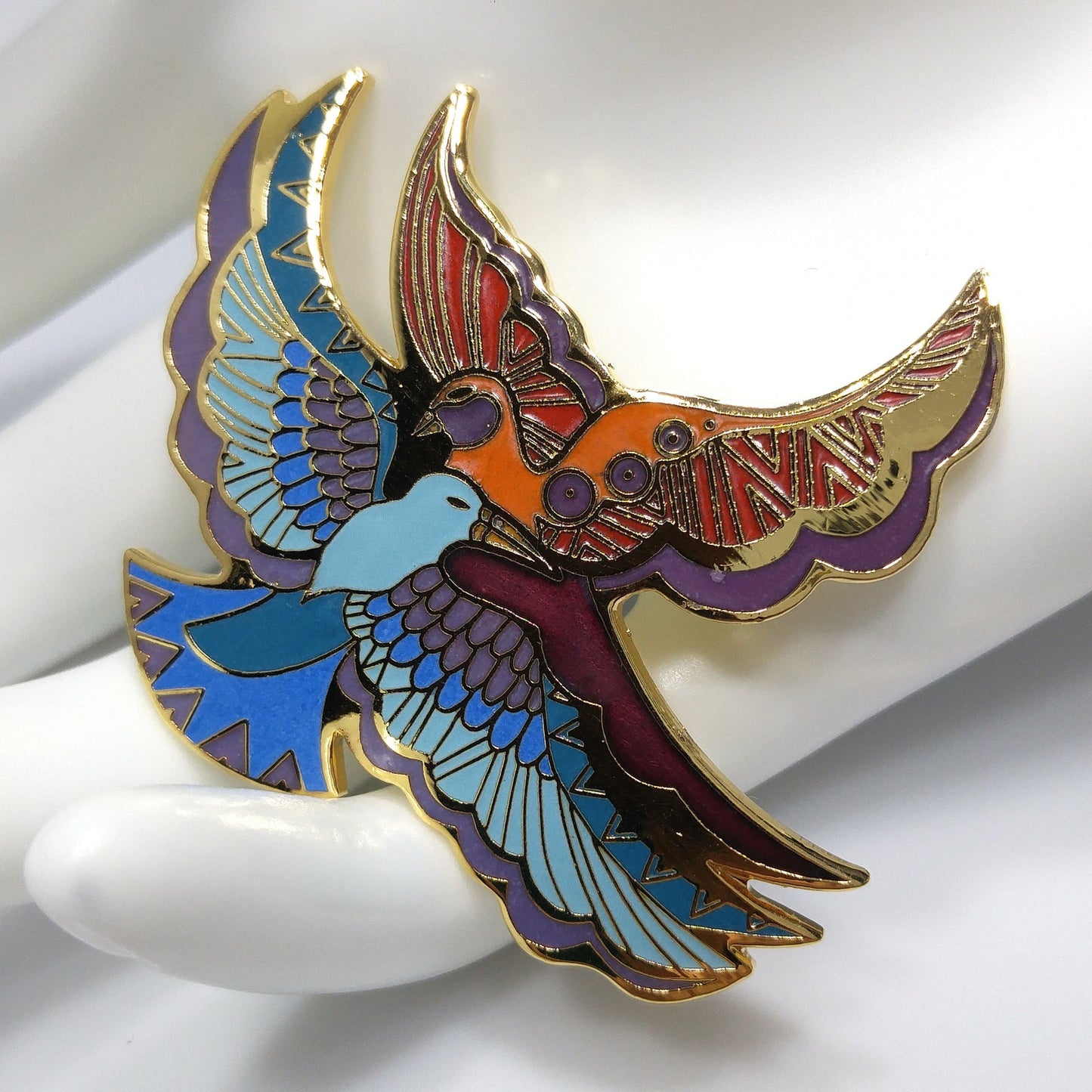 Laurel Burch "Ethereal Birds" Brooch, Cloisonné and Enamel, Gold Plated, 1980s Vintage Jewelry