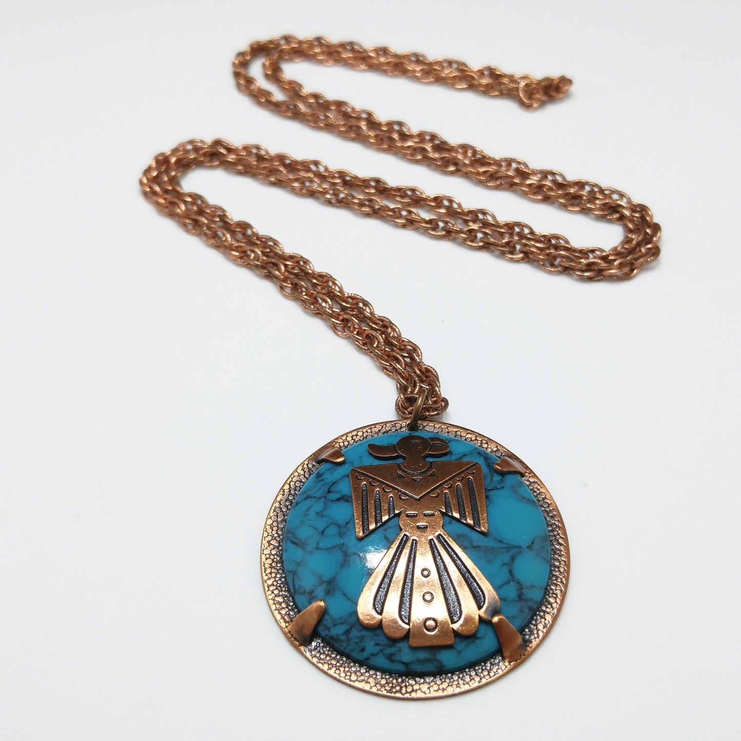 Copper by Bell Thunderbird Necklace, Faux Turquoise, 1970s Vintage Jewelry