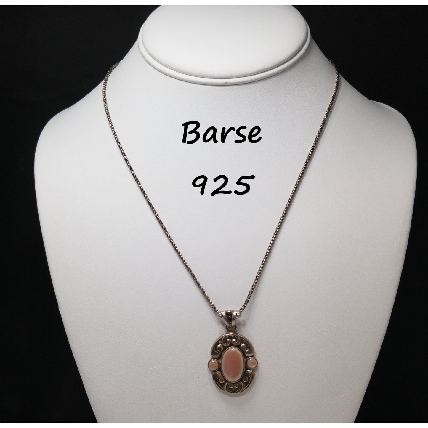 Barse Sterling Silver Pink Necklace, Large Pink Pearled Cabochon, 1990s Vintage Jewelry