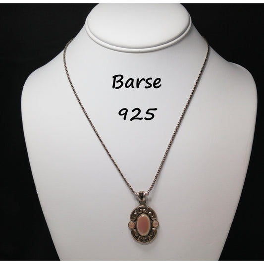 Barse Sterling Silver Pink Necklace, Large Pink Pearled Cabochon, 1990s Vintage Jewelry