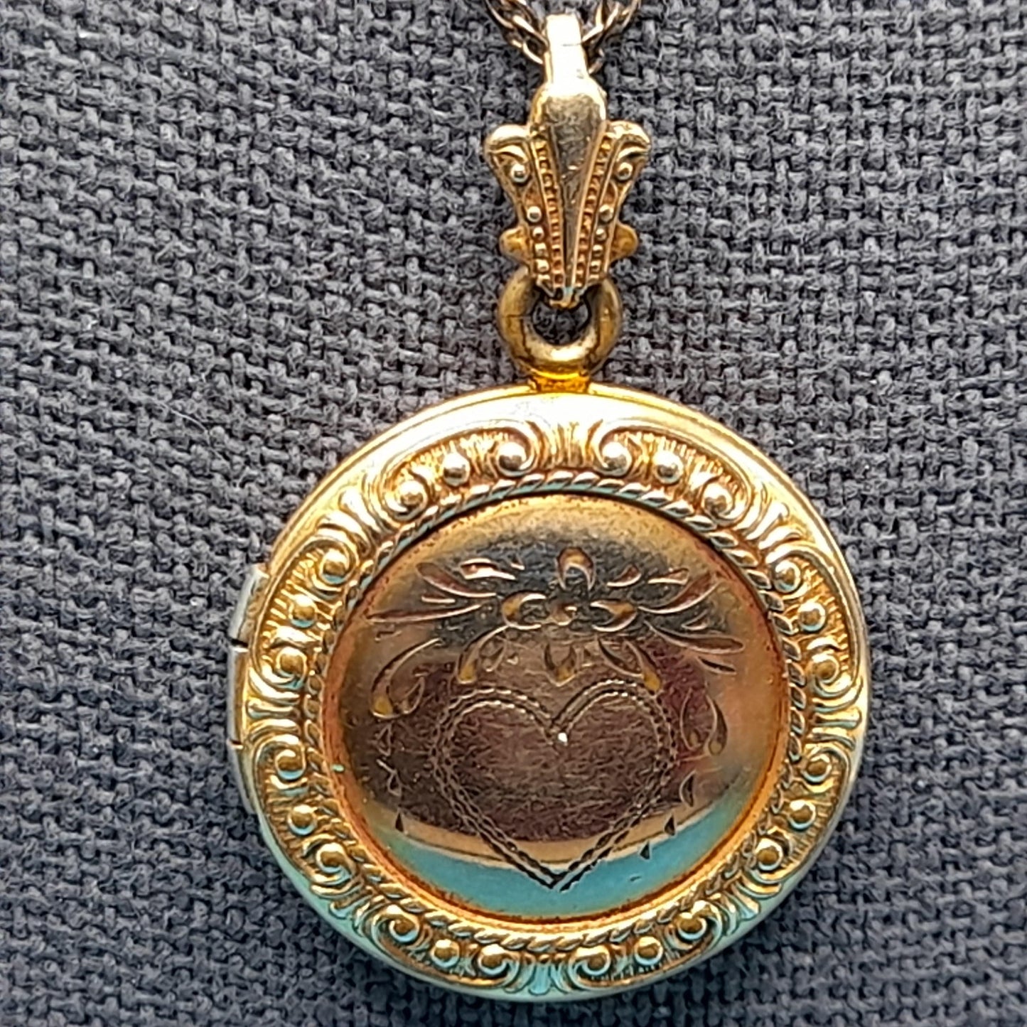 Vintage Gold Filled Locket Pendant, Etched Heart, Holds Two Photos, 1950s Jewelry
