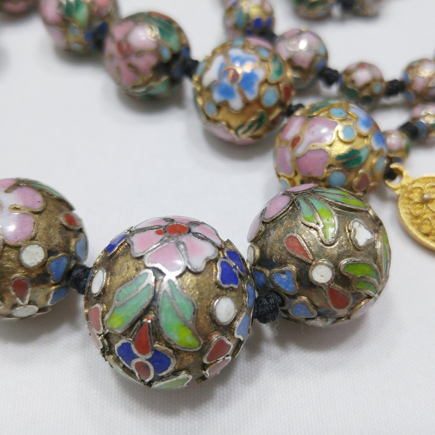 Vintage Cloisonne Beaded Necklace, Hand Knotted, Hand Painted Floral Beads, 1960