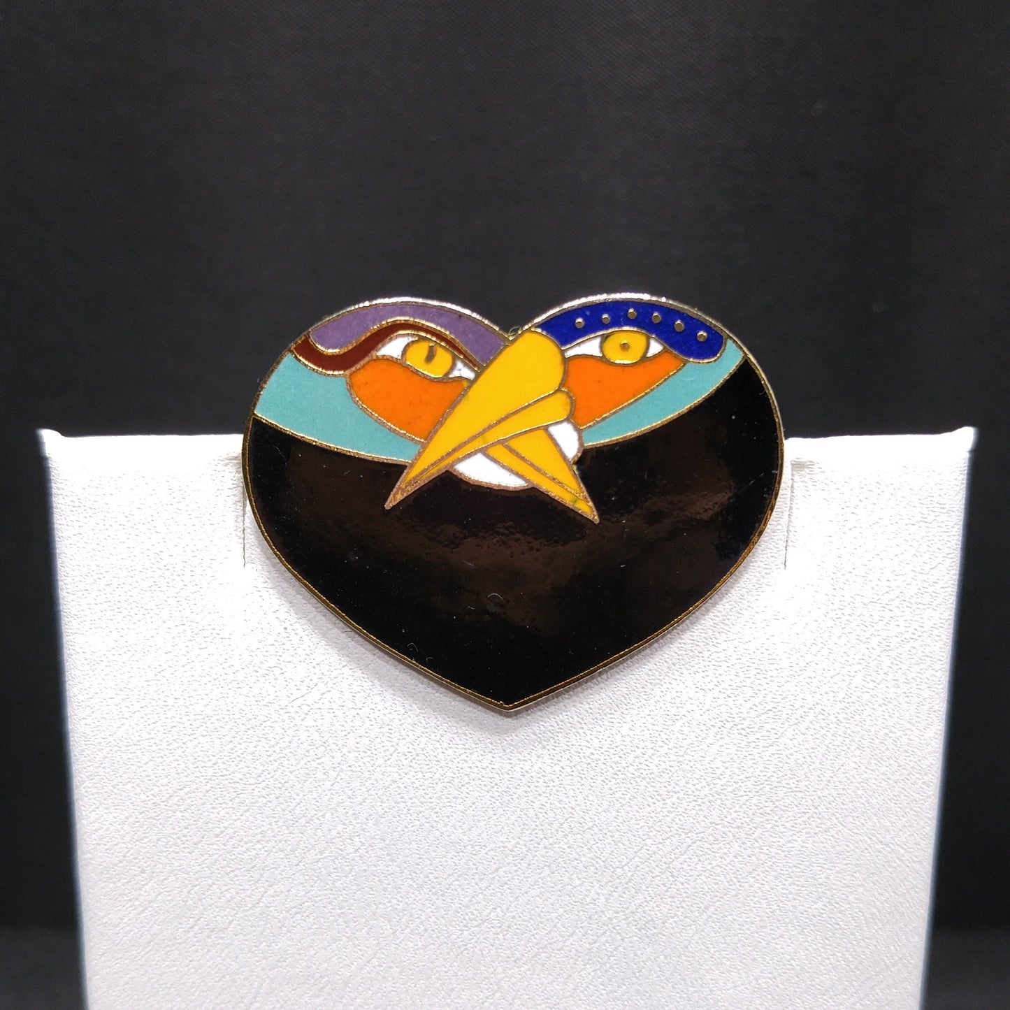 Laurel Burch Two Bird Heart Brooch, Gold Plated Cloisonne, 1980s Vintage Jewelry