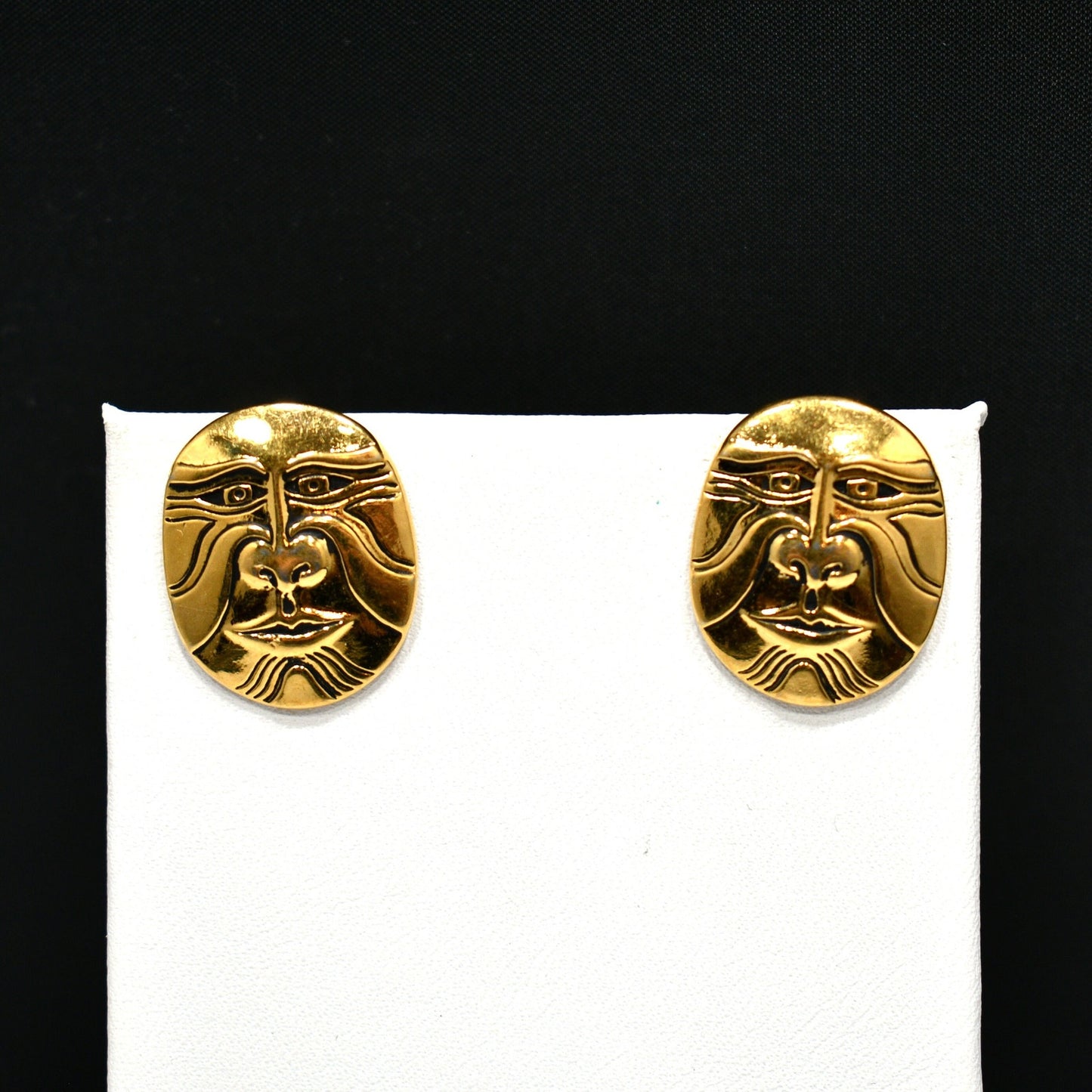 Laurel Burch Eiko Post Earrings, Gold Plated, Japanese Mask, 1980s Vintage