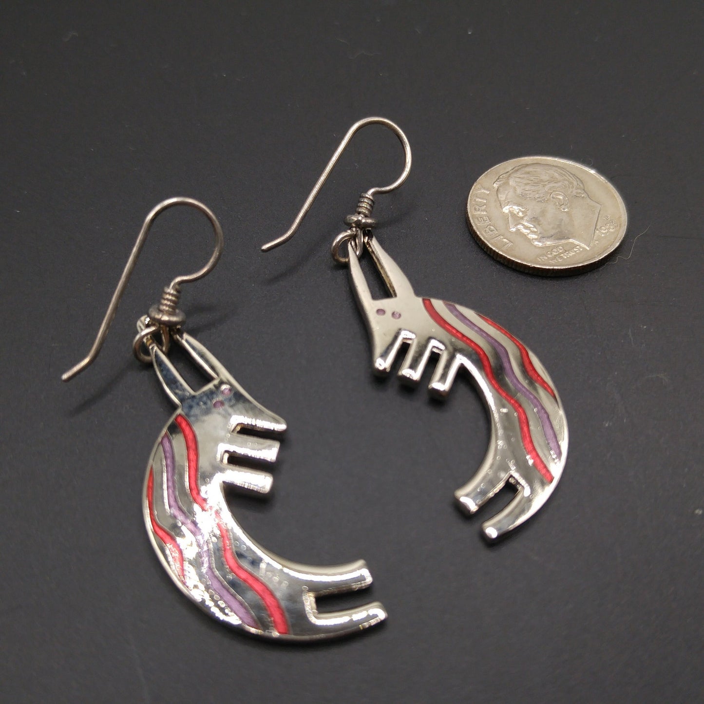 Laurel Burch "Conejo" Rabbit Dangle Earrings, Striped Red Purple Enamel, 1980s Vintage Jewelry
