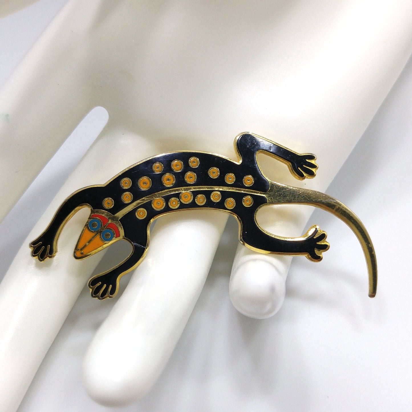 Laurel Burch Black "Lizard" Brooch, Gold Plated Cloisonne, 1980s Vintage Jewelry