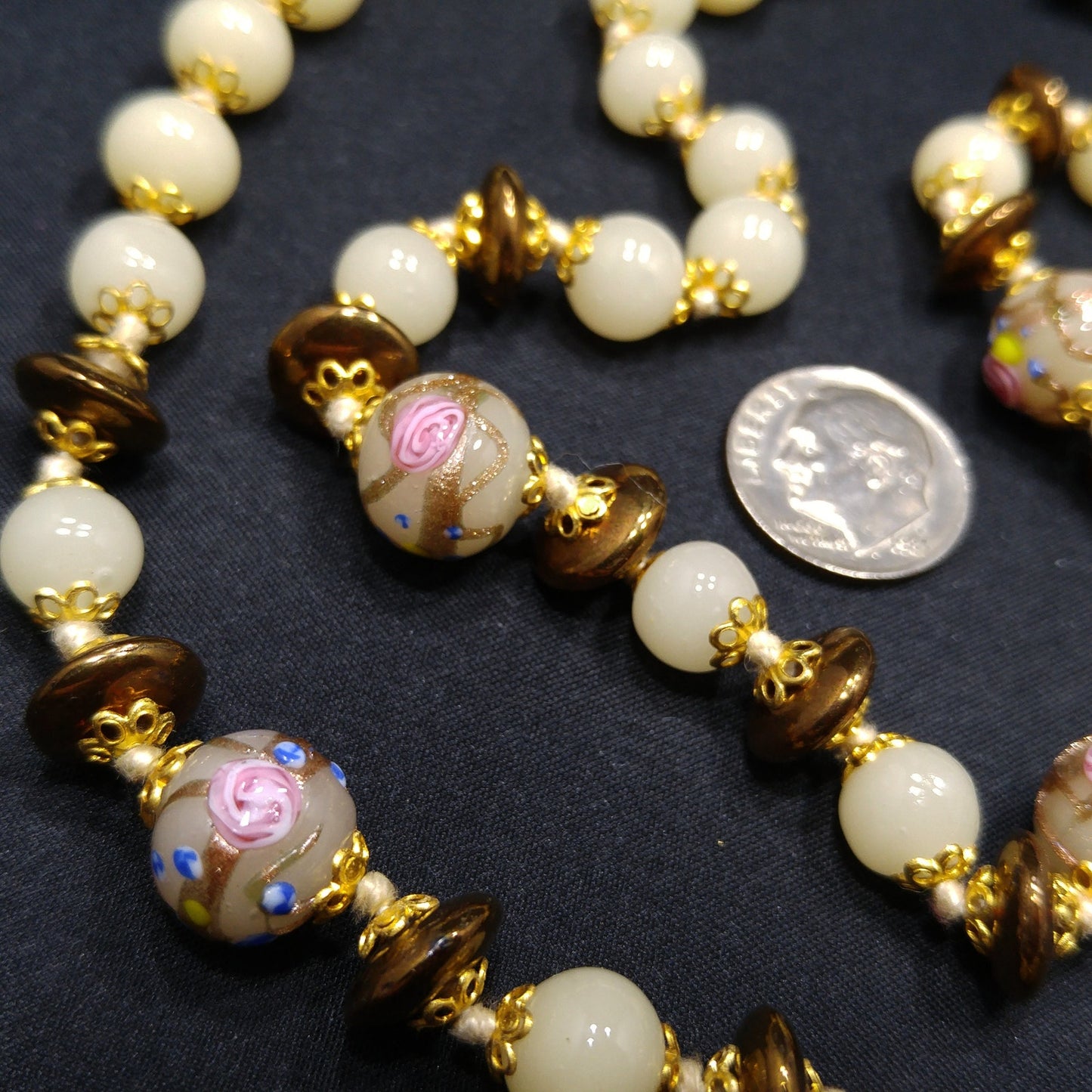 Wedding Cake Venetian Glass Beaded Necklace & Bracelet, Hand Knotted, Murano Lampwork, 1980s Vintage Jewelry