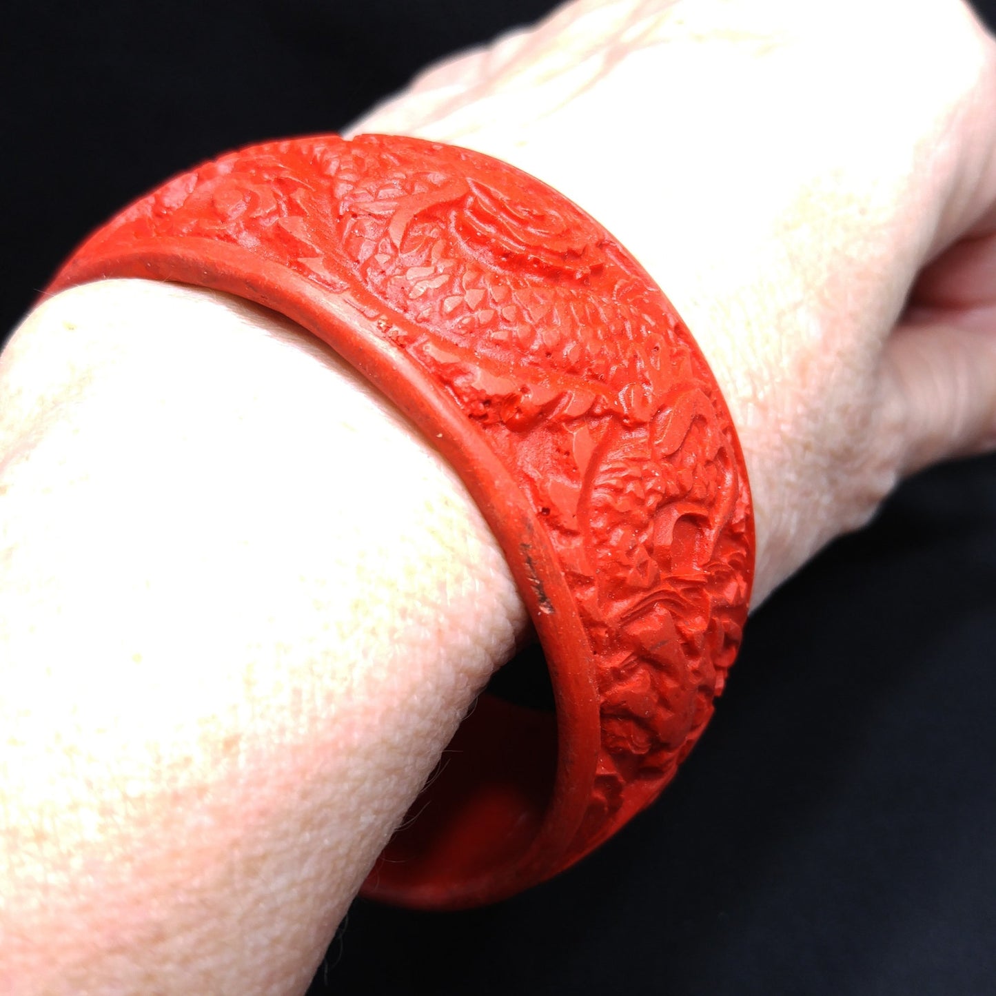 Chinese Carved Dragon Wide Bangle Bracelet, 1960 Vintage Jewelry