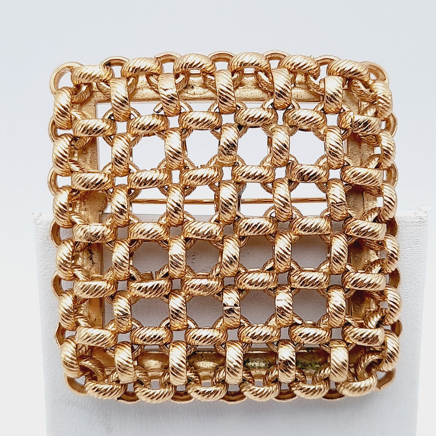 Vintage Monet Gold Plated Woven Square Brooch – 1980s Statement Designer Jewelry