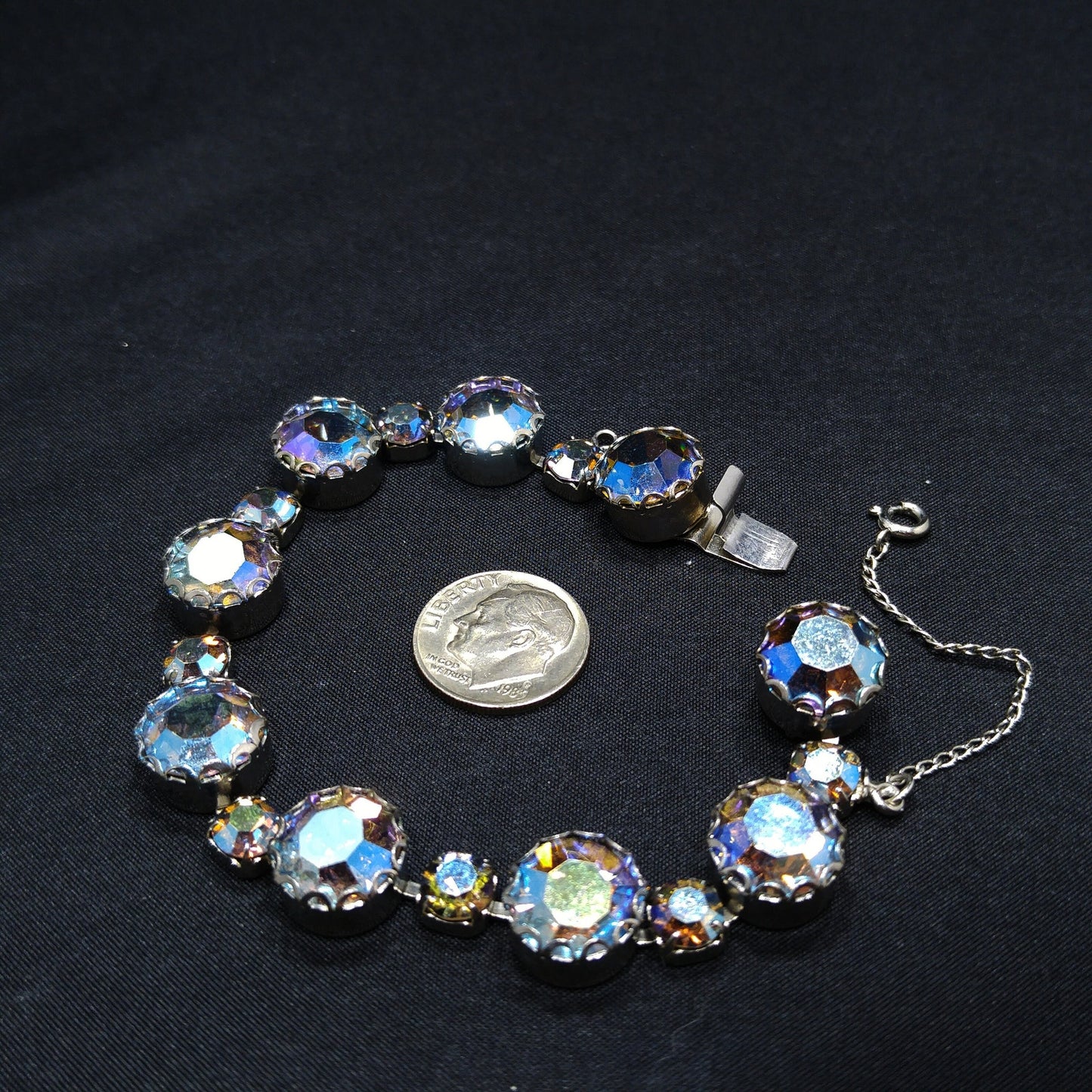 Blue Aurora Borealis Rhinestone Bracelet, Gold Plated, 1960s Vintage Jewelry