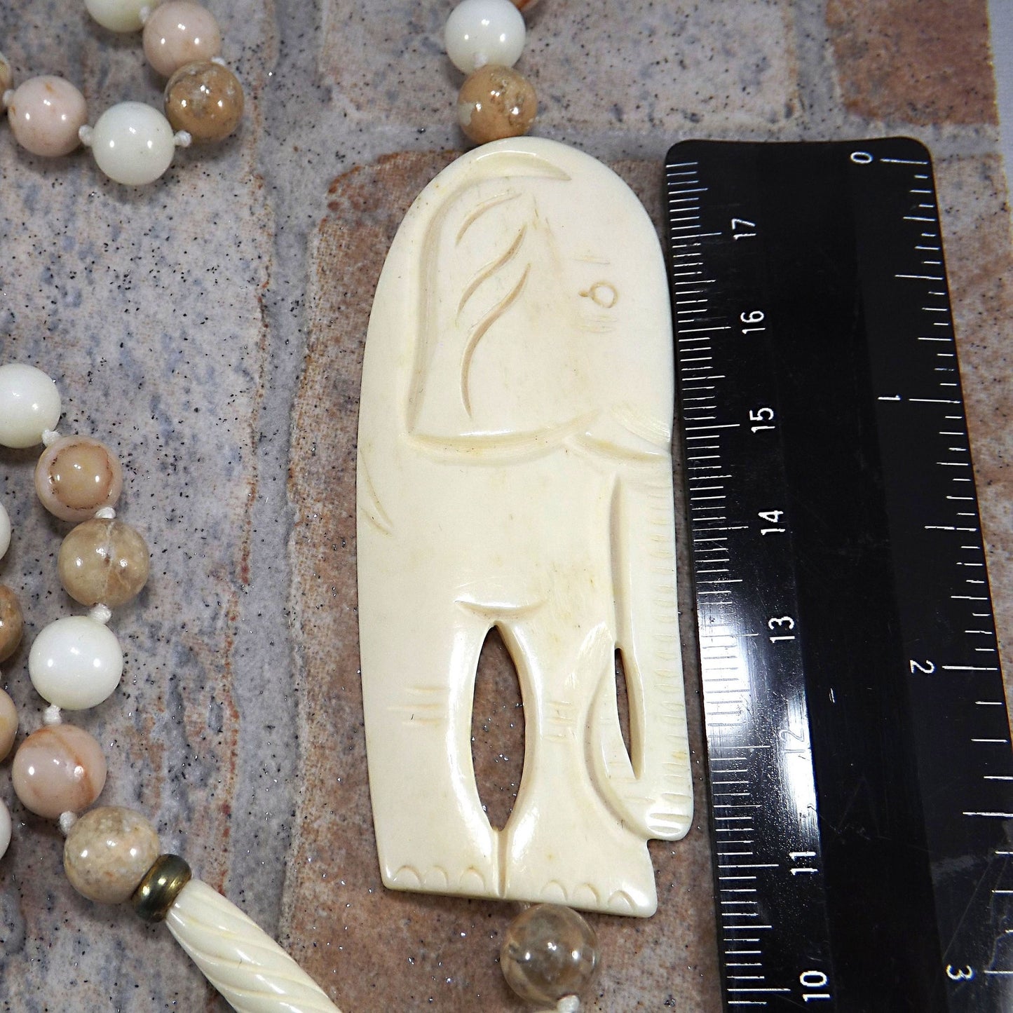 1950s Elephant Pendant Gemstone Beaded Necklace Hand Knotted 32” Vintage Jewelry