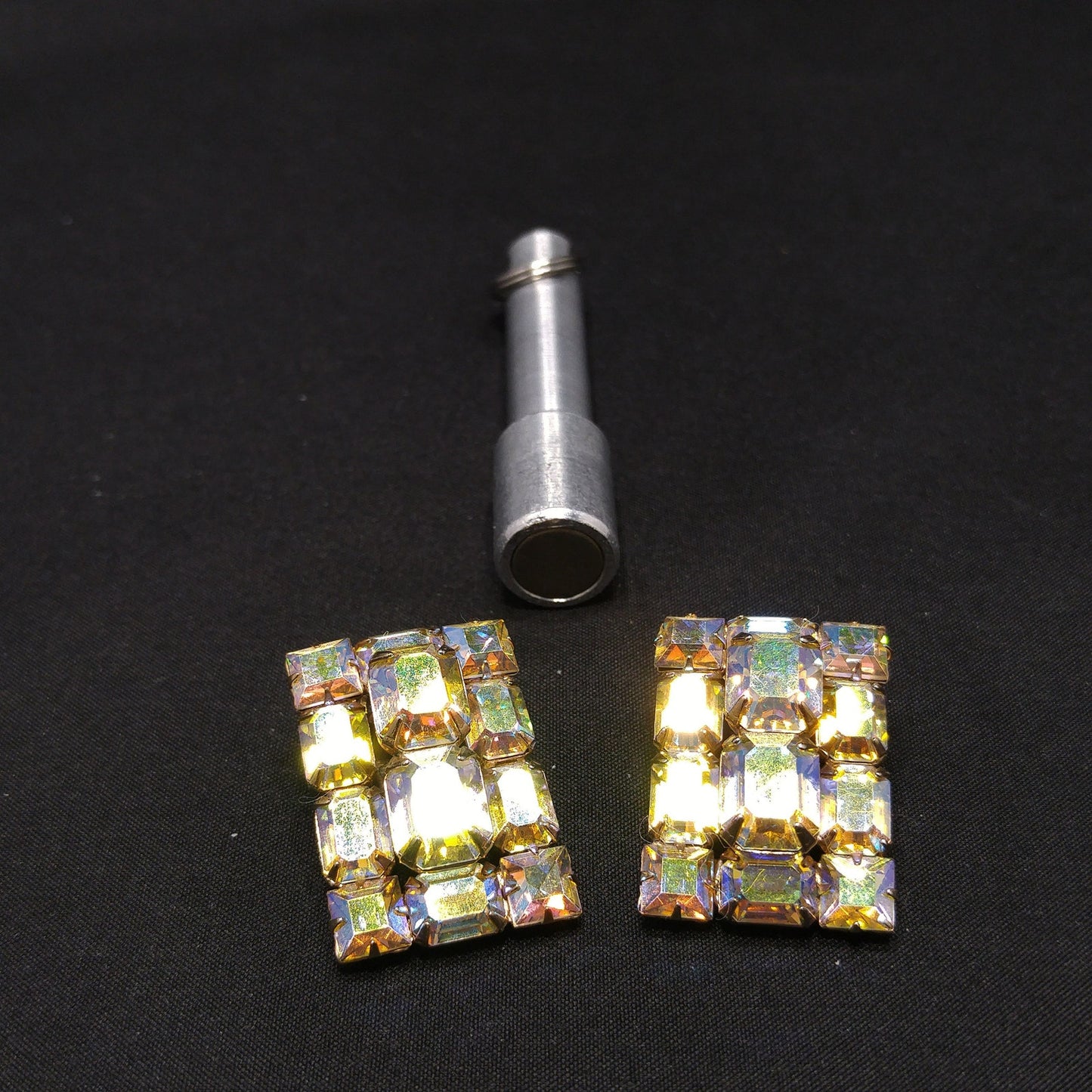 Weiss Aurora Borealis Emerald Cut Earrings, Gold Plating, 1960s Vintage Jewelry