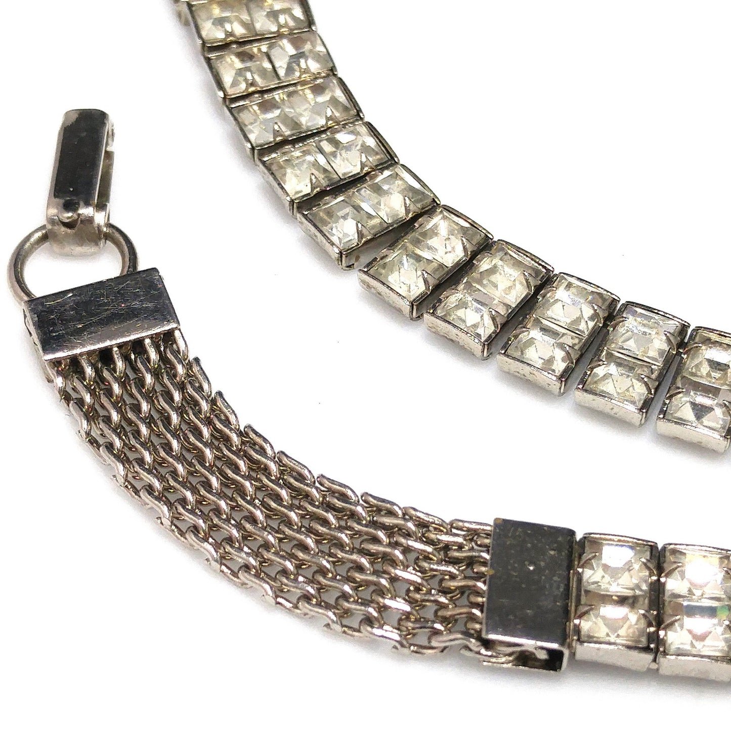 Art Deco Clear Rhinestone Choker Necklace Bracelet Set, Silver Tone Mesh, 1950s Vintage Jewelry