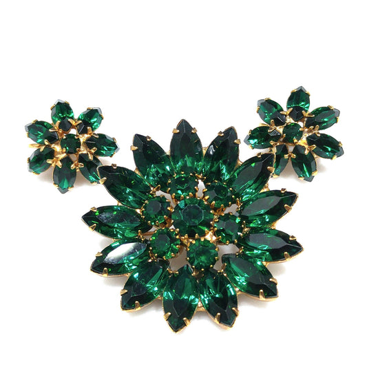 Emerald Green Rhinestone Floral Brooch & Earrings, Gold Plated, 1960s Vintage Jewelry