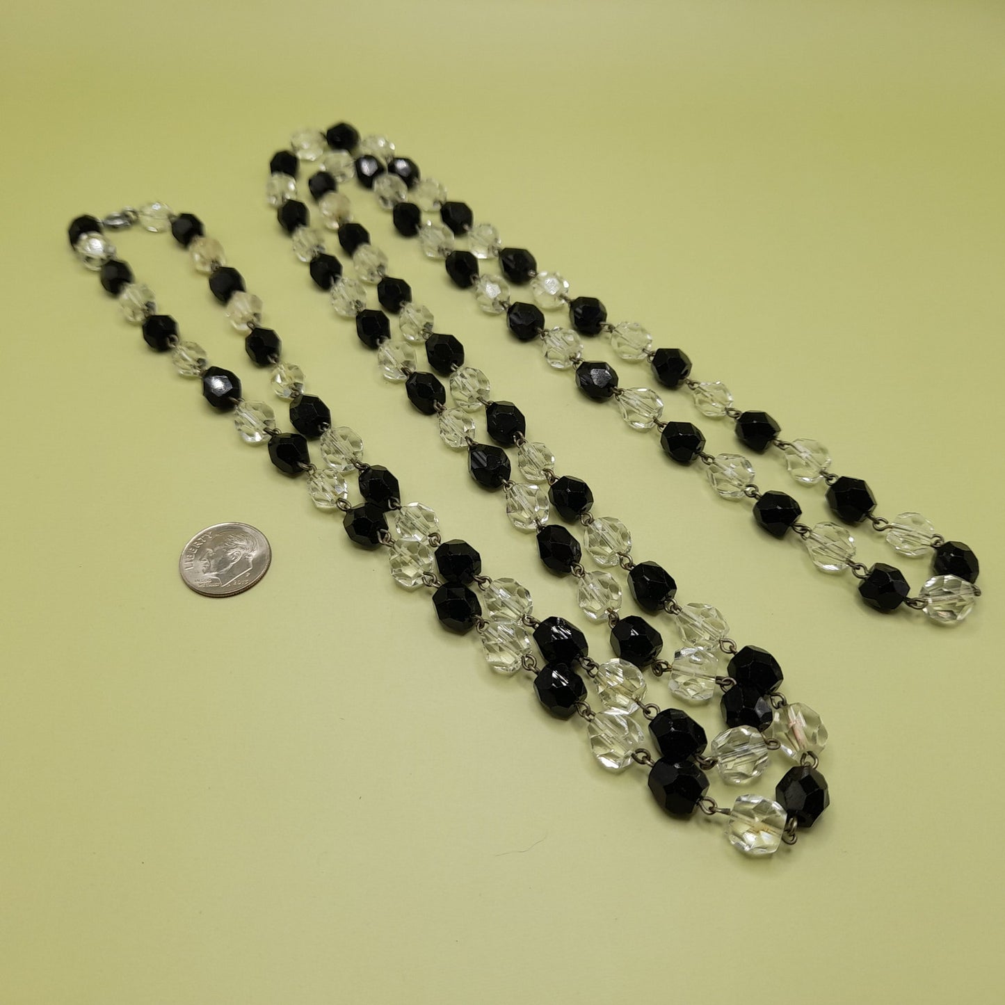 Vintage Art Deco Black and Clear Crystal Necklace – 1920s Wire Wrapped Flapper Beads – 53 Inches