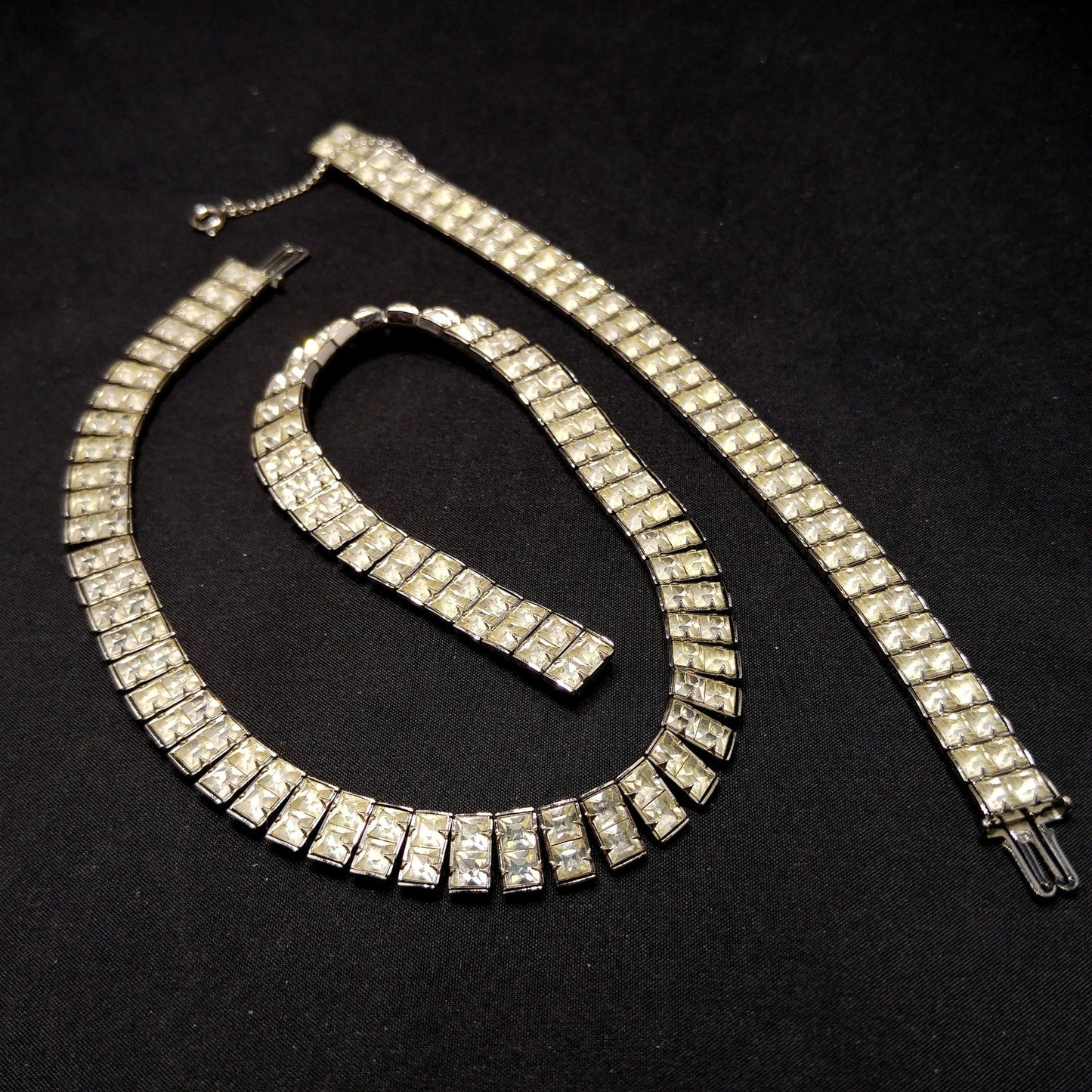 Art Deco Clear Rhinestone Choker Necklace Bracelet Set, Wedding Bridal, 1950s Vintage Jewelry