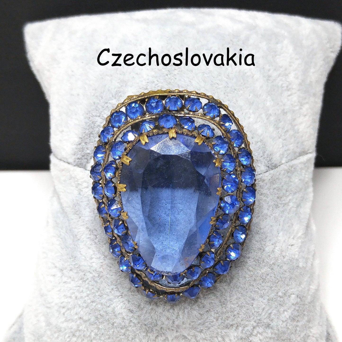 Czech Blue Glass & Rhinestone Dress Clip, 1940 Vintage Jewelry