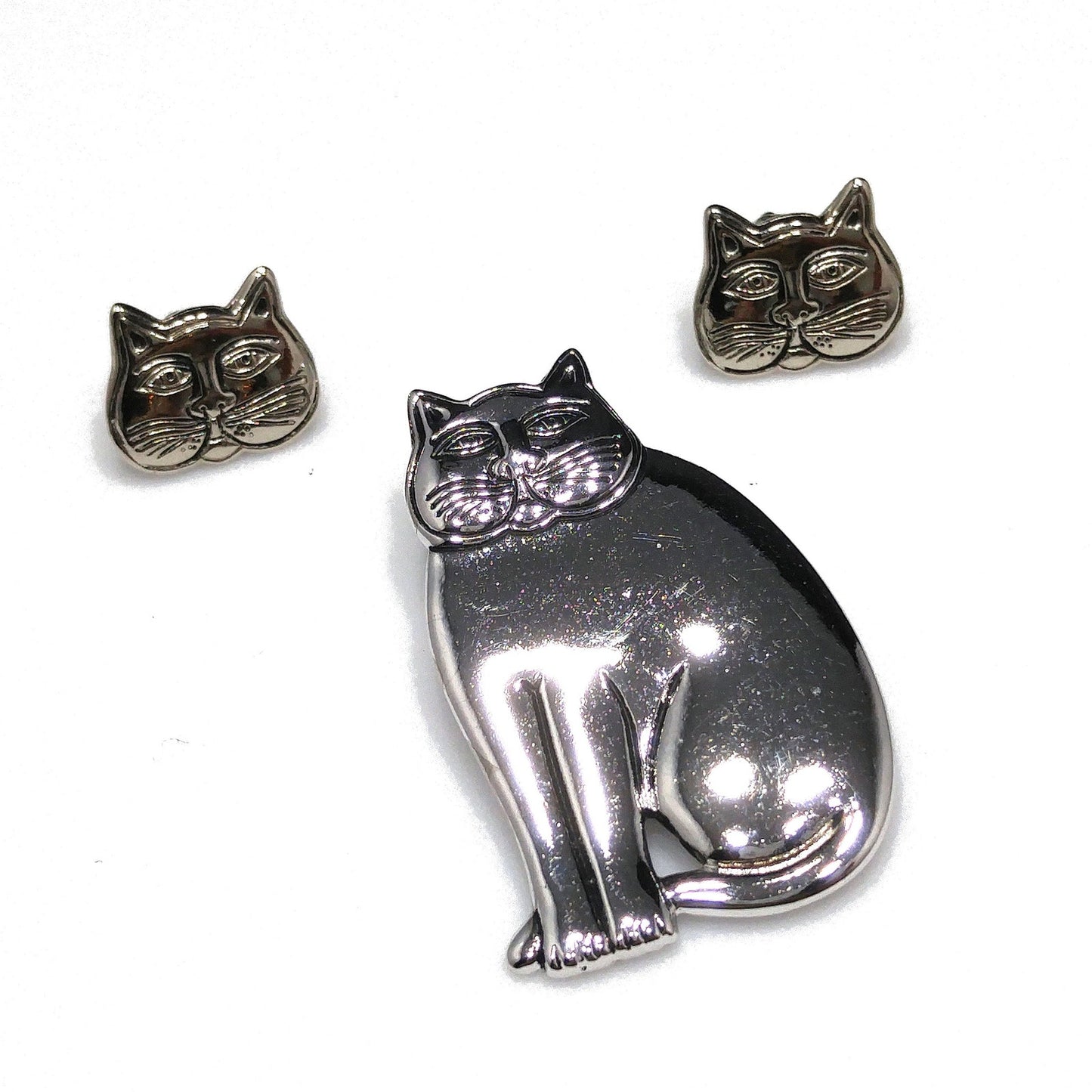 Laurel Burch Cat Brooch & Earrings, Rhodium Plated, 1980s Vintage Jewelry