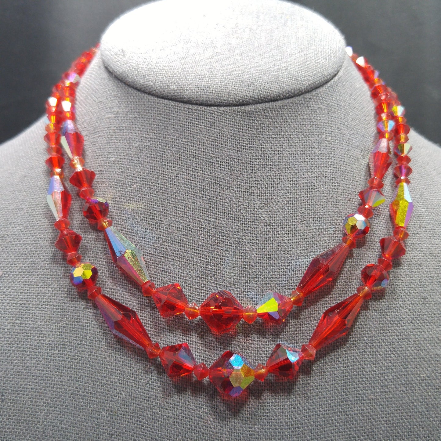 Red Aurora Borealis Crystal Beaded Necklace, Two Strands, 1950s Vintage Jewelry