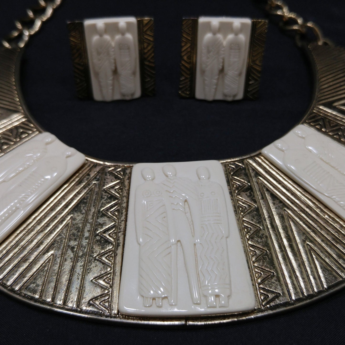 Laurel Burch Tribal Necklace & Clip Earrings, Lucite Gold Plate, 1980s Vintage Jewelry