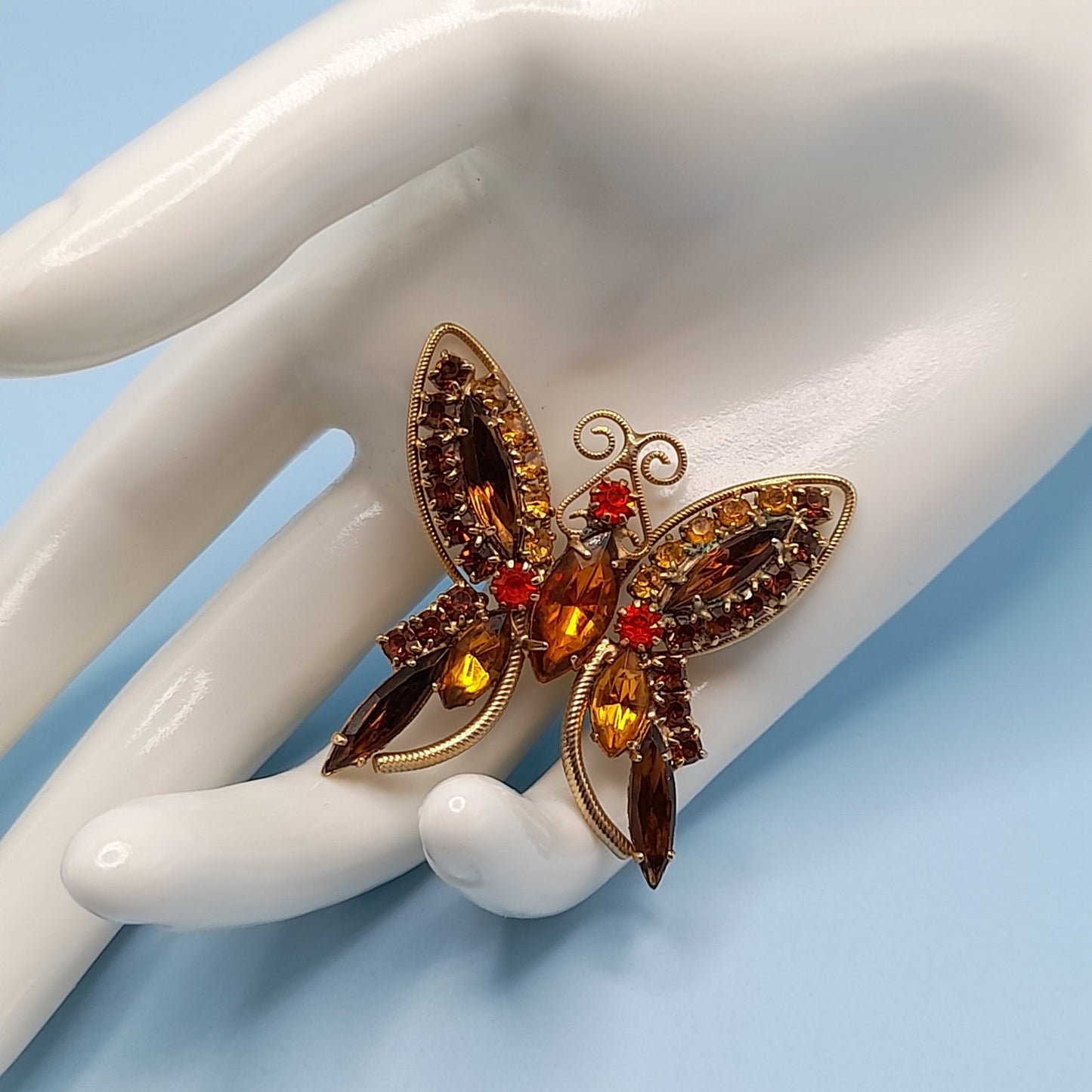 Vintage Butterfly Brooch Topaz Orange Gold Rhinestones