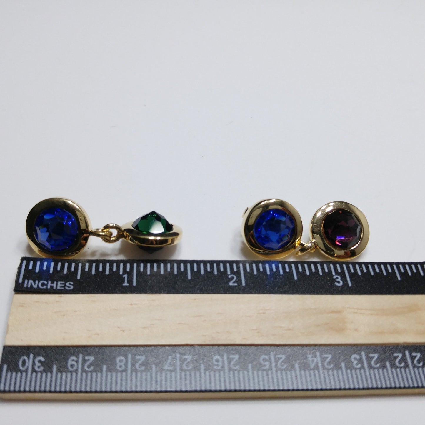 Swarovski Gold Plated Drop Earrings, Blue Green Purple Crystals, Vintage 1990s Swan Logo