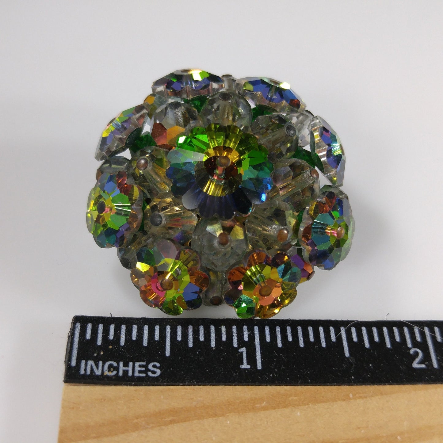 Margarita Rhinestone Round Brooch, Green Pink Blue Floral Crystals, 1960s Vintage Jewelry