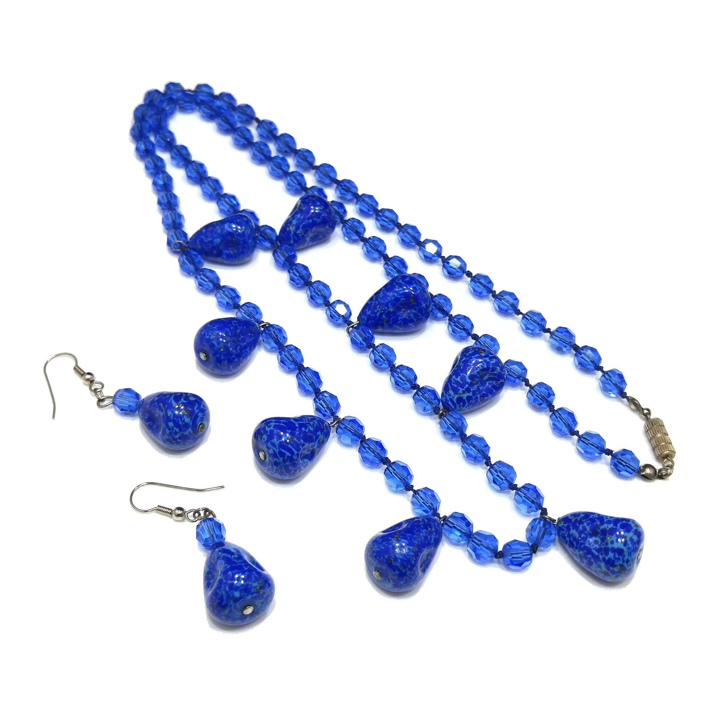 Cobalt Blue Crystal Long Necklace & Earrings, Artisan Jewelry, Faux Lapis Glass, 1940s Vintage Jewelry