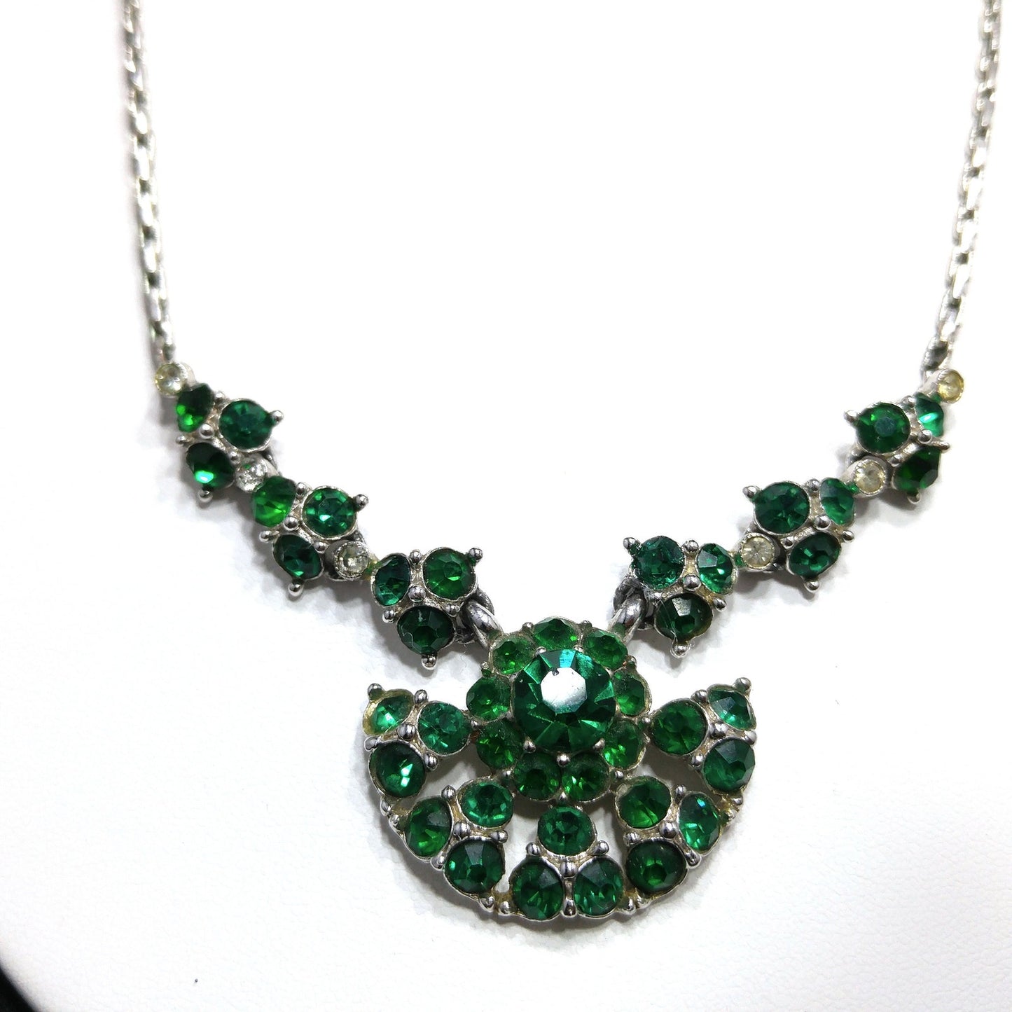 Bogoff Green Rhinestone Pendant Choker Necklace, Rhodium Plated, 1940s Vintage Jewelry