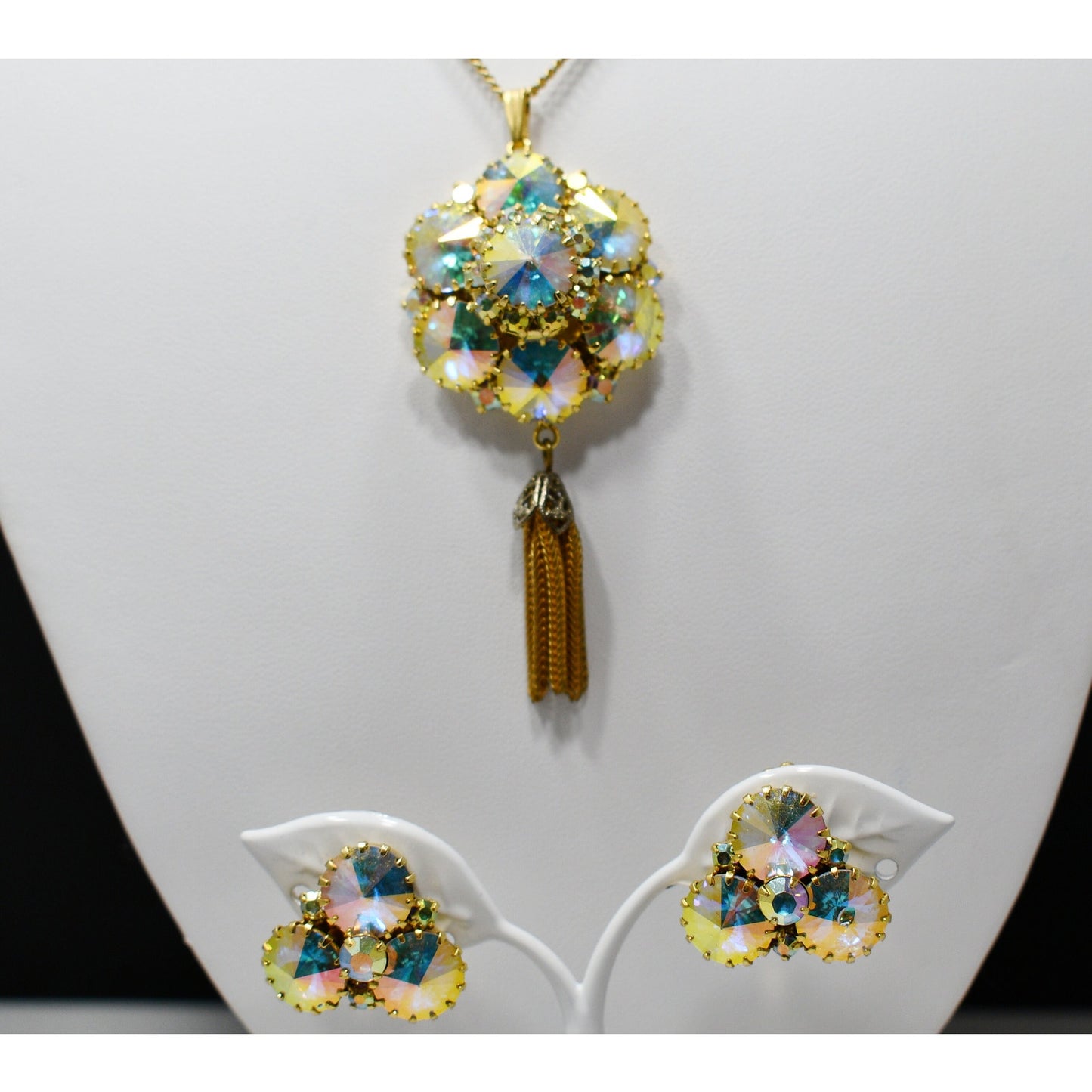 Vintage Rivoli Pendant & Earrings, Aurora Borealis Rhinestones, 1960s Vintage Jewelry