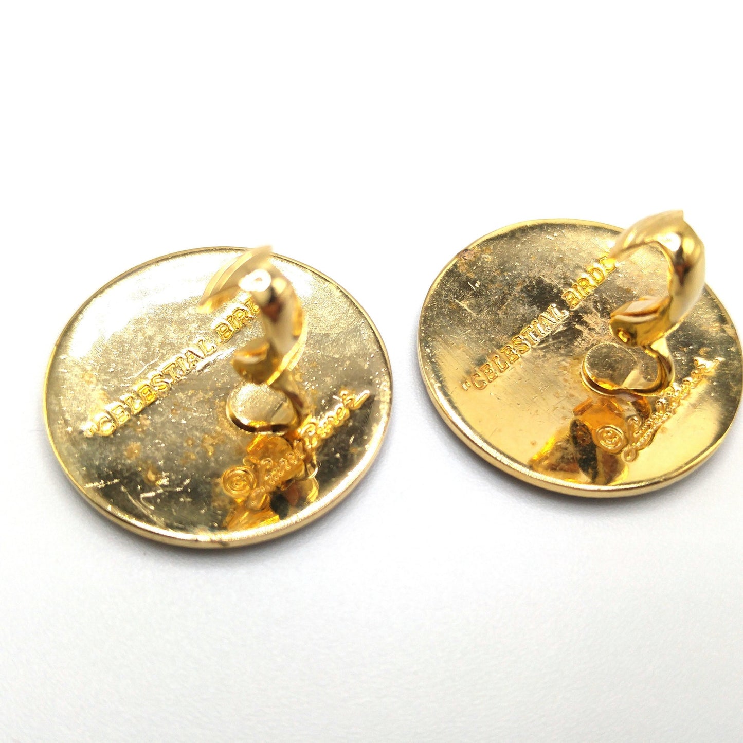 Vintage Laurel Burch "Celestial Birds" Clip Earrings, Black Enamel, Gold Plated