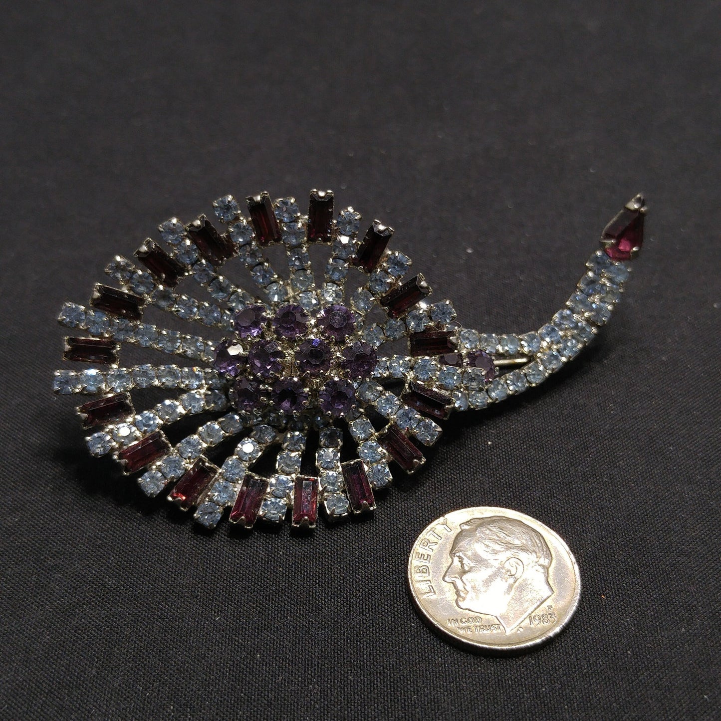 Hobe Purple Light Blue Rhinestone Lily Floral Brooch, Rhodium Plated, 1960s Vintage Jewelry