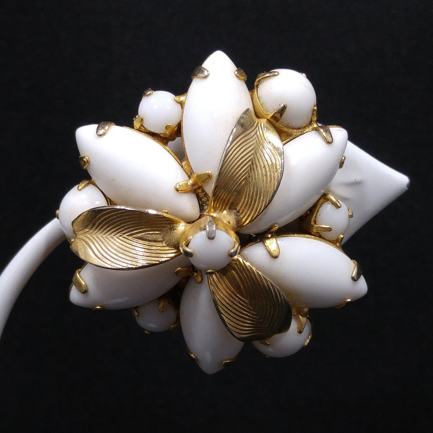 Weiss Milk Glass Gold Plated Flower Earrings, 1960s Designer Vintage Jewelry