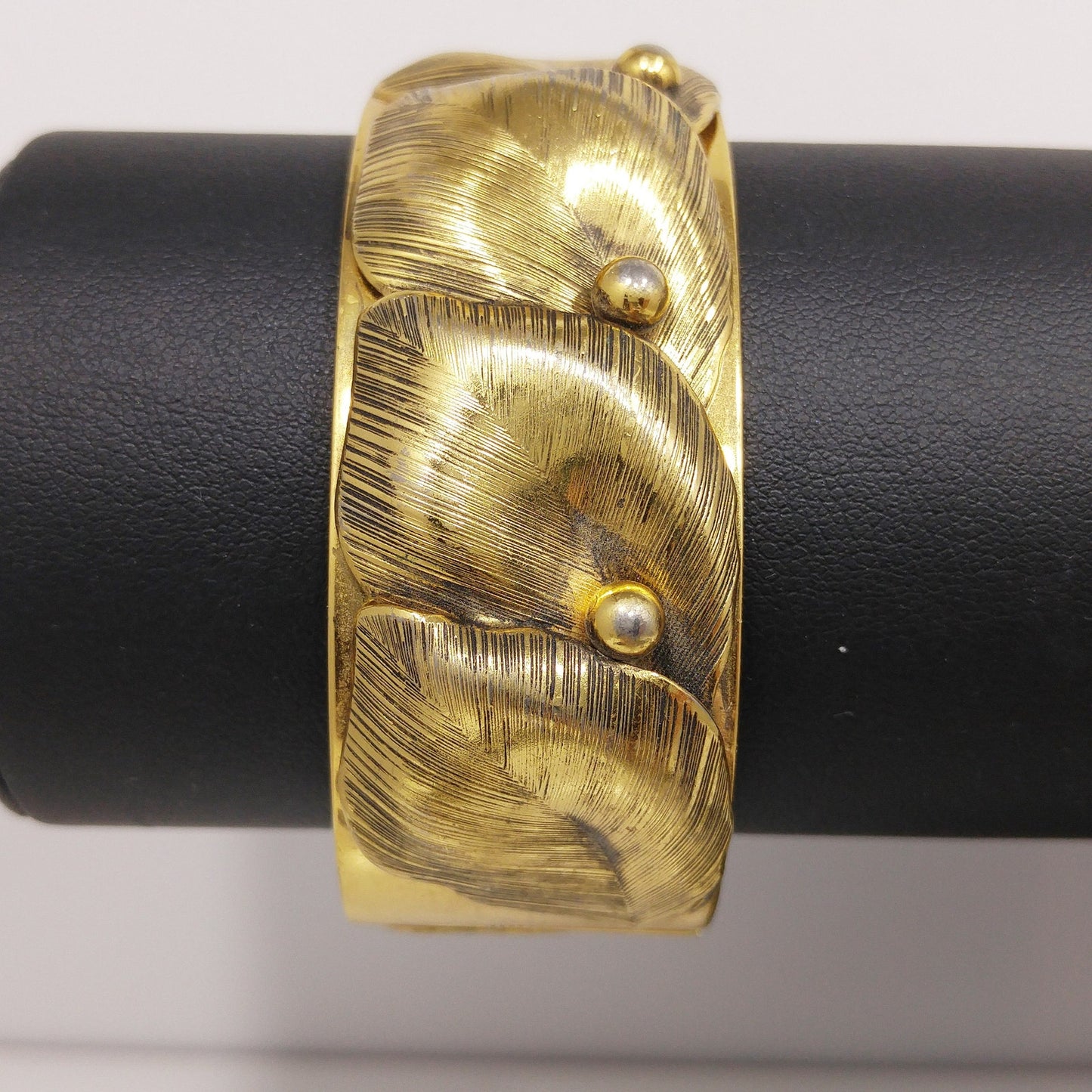 Whiting & Davis Gold Plated Leaf Bracelet, Hinged Wide Clamper, 1950s Vintage
