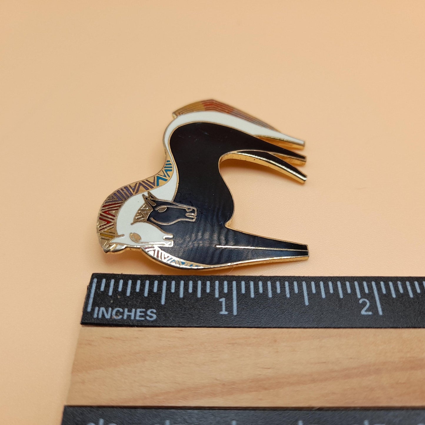 Laurel Burch "Embracing Horses" Brooch, Gold Plated, Black White Horse, 1980s Vintage Jewelry