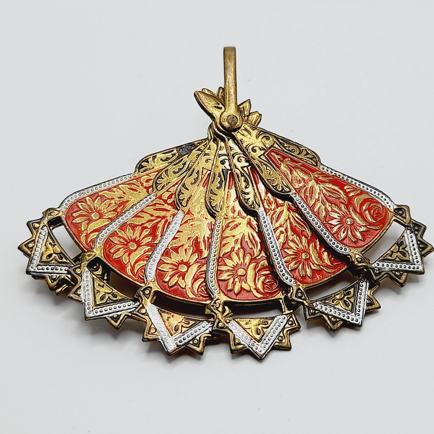 Vintage Spanish Damascene Articulated Fan Brooch Pin Pendant - Signed SPAIN - Black Gold Inlay Jewelry