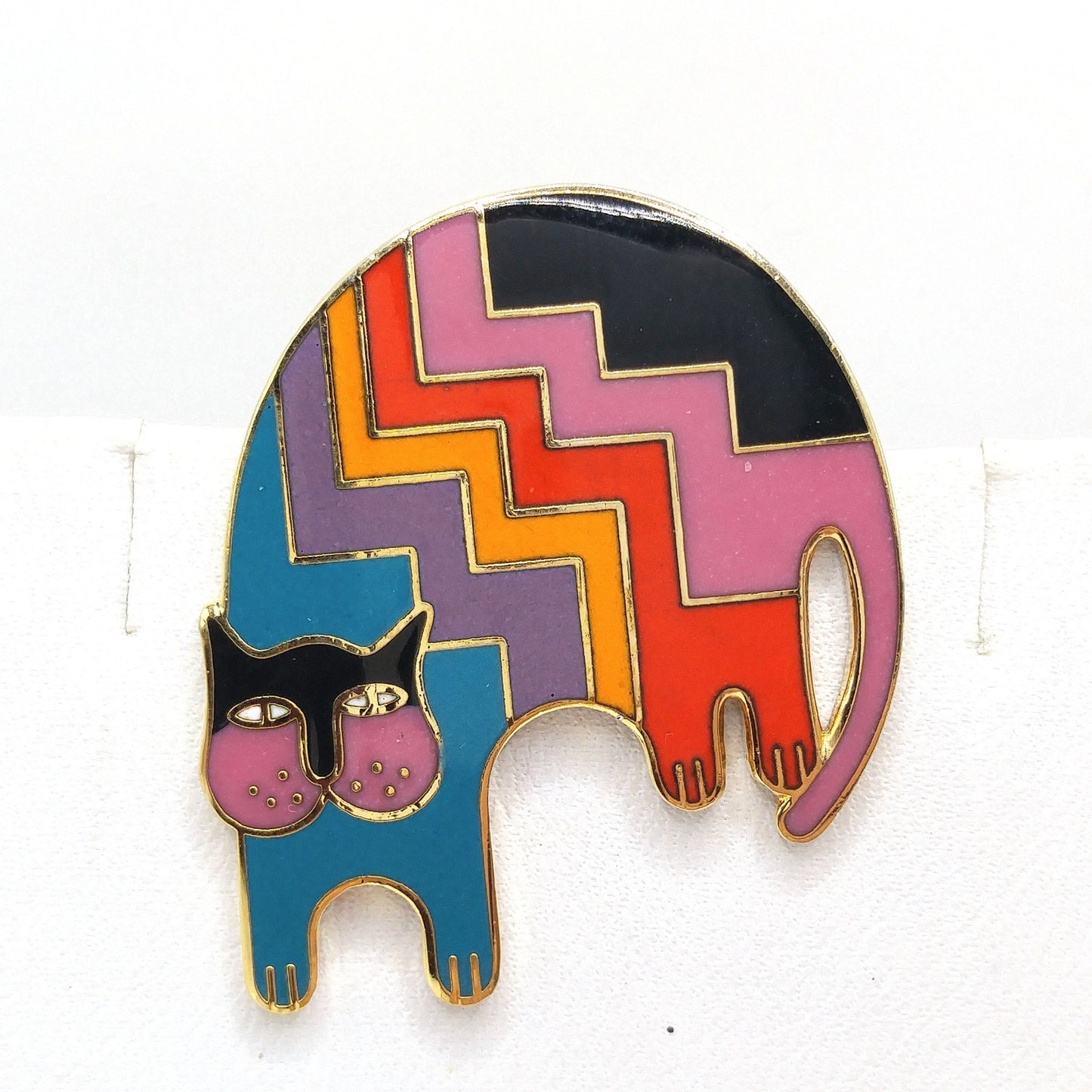 Laurel Burch "Aztec Cat" Brooch, Gold Plated, Rainbow Enamel, 1980s Vintage Jewelry