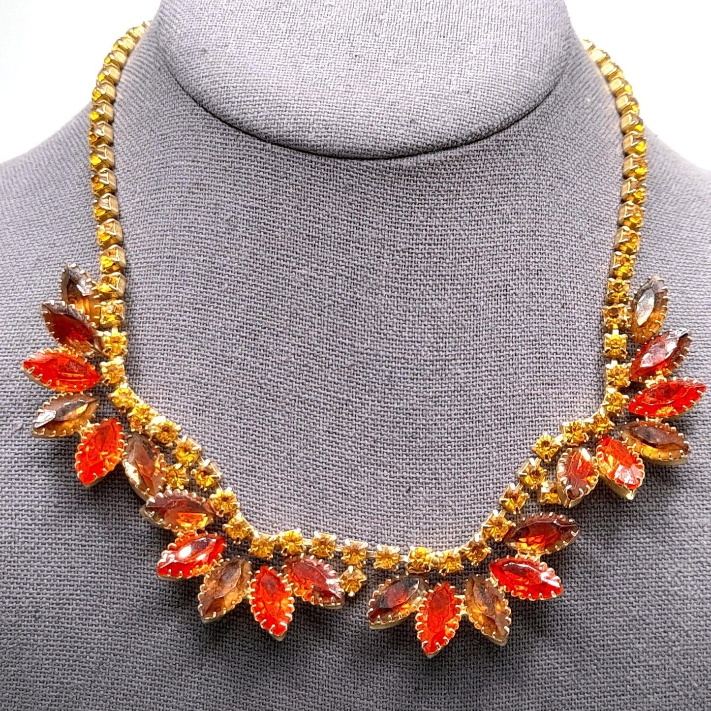 Vintage Orange Topaz Rhinestone Necklace Earrings Set, Gold Plated, 1960s